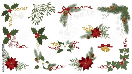 A collection of festive christmas corner decorations featuring holly poinsettias mistletoe pine branches pinecones and festive ribbons on a white background