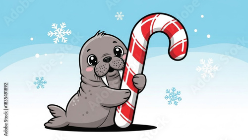 Cute cartoon walrus holding a large red and white striped candy cane with snowflakes falling in a winter wonderland scene