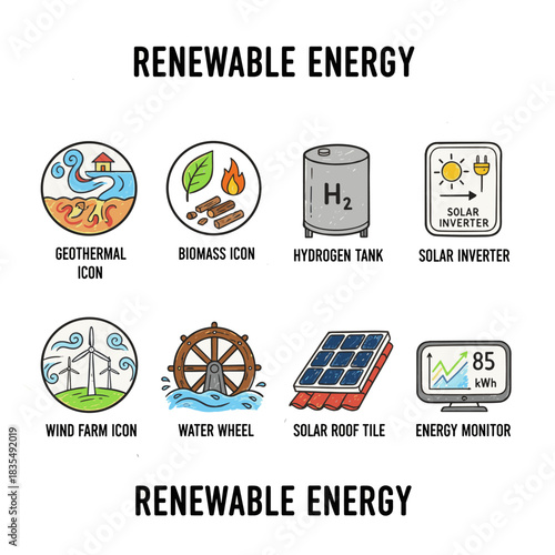 Renewable energy icons grid with titles