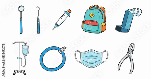 Medical and school items illustration set