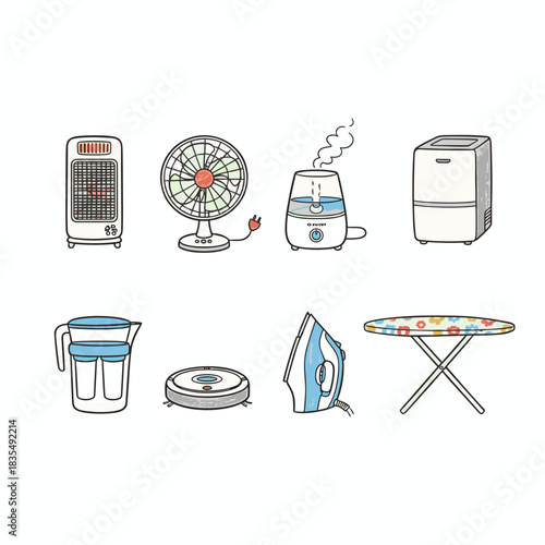 Household appliances and items hand-drawn icons set