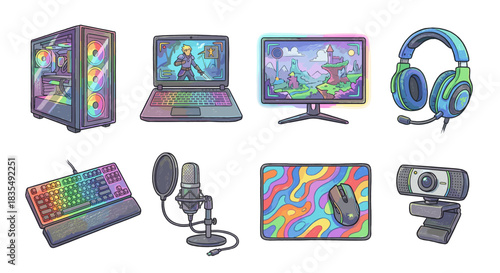Gaming equipment and accessories colorful illustration