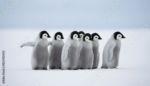 Group of emperor penguin chicks standing together in the antarctic snowscape