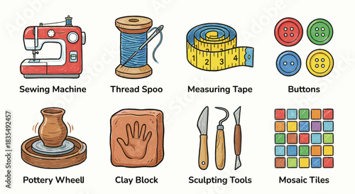 Crafting and sewing tools hand-drawn icons set