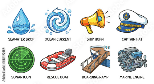 Nautical cartoon icons set