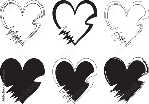Collection of stylized broken heart icons in black and white art