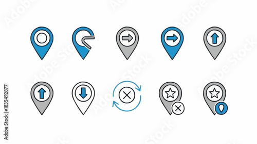 A collection of ten map pin icons with various symbols, including arrows, stars, and a refresh icon, in blue and grey colors.