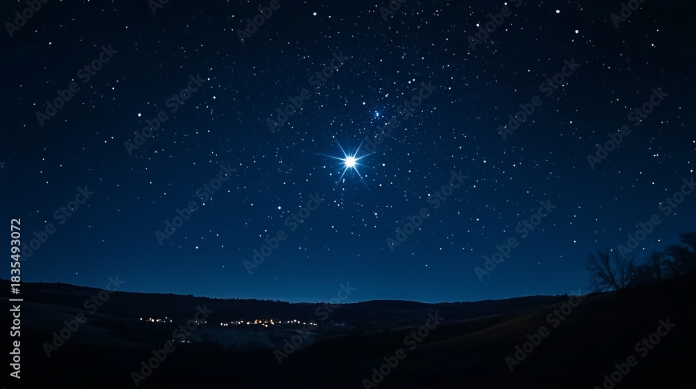 Fototapeta premium Brilliant star shining brightly over quiet town, creating a peaceful, magical night scene that inspires hope and wonder, capturing the spirit of the season