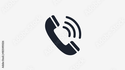 Black telephone receiver icon with sound waves on a light grey background, symbolizing communication.