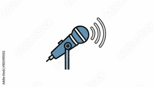 A blue microphone with sound waves indicating audio transmission or recording.