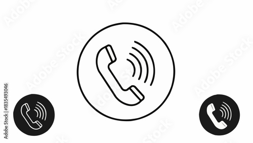Three minimalist line art icons depicting a ringing telephone handset, symbolizing communication and active calls, on a white background.