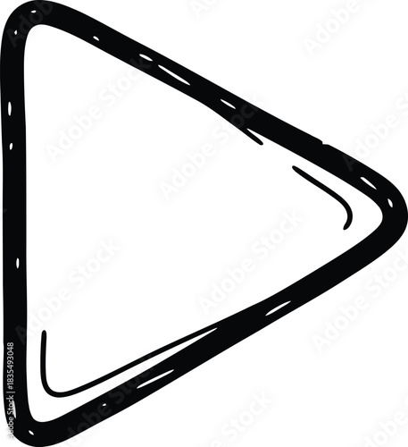 Hand-drawn play button icon, doodle solid black on white, simple triangle, quick media action sketch