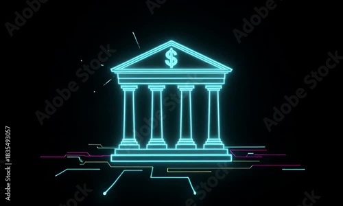 Neon glowing bank building icon animation 