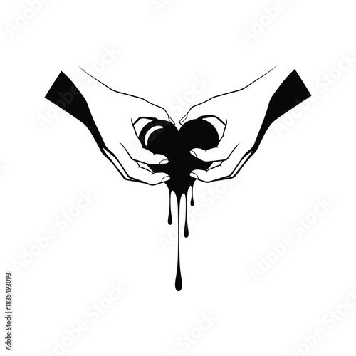 Hands forming a heart shape with a black heart dripping liquid symbolizing broken love or pain