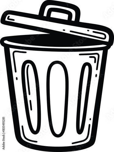Hand-drawn simple trash bin icon, doodle solid black on white, with a wobbly lid, quick dispose sketch