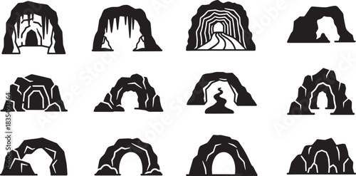 Set of cave shapes vector illustration stone rock mountain cavern tunnel hill