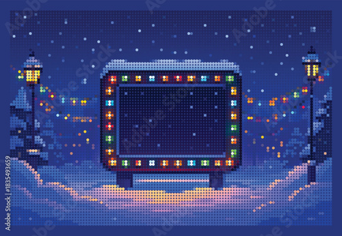 Stipple Halftone LED Board Glowing In Snowy Plaza With Festive Lights Poster Abstract Winter Night Background Blue Pixel Art Vector For Christmas Holiday Display