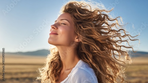 A joyful woman stands in a wide, sunlit field, savoring the warm breeze. Her curly hair dances in the wind as she closes her eyes, soaking in the peaceful moment