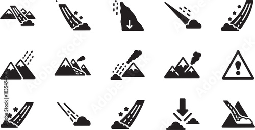 Landslide and falling rocks vector set includes avalanche, mudslide, rockslide