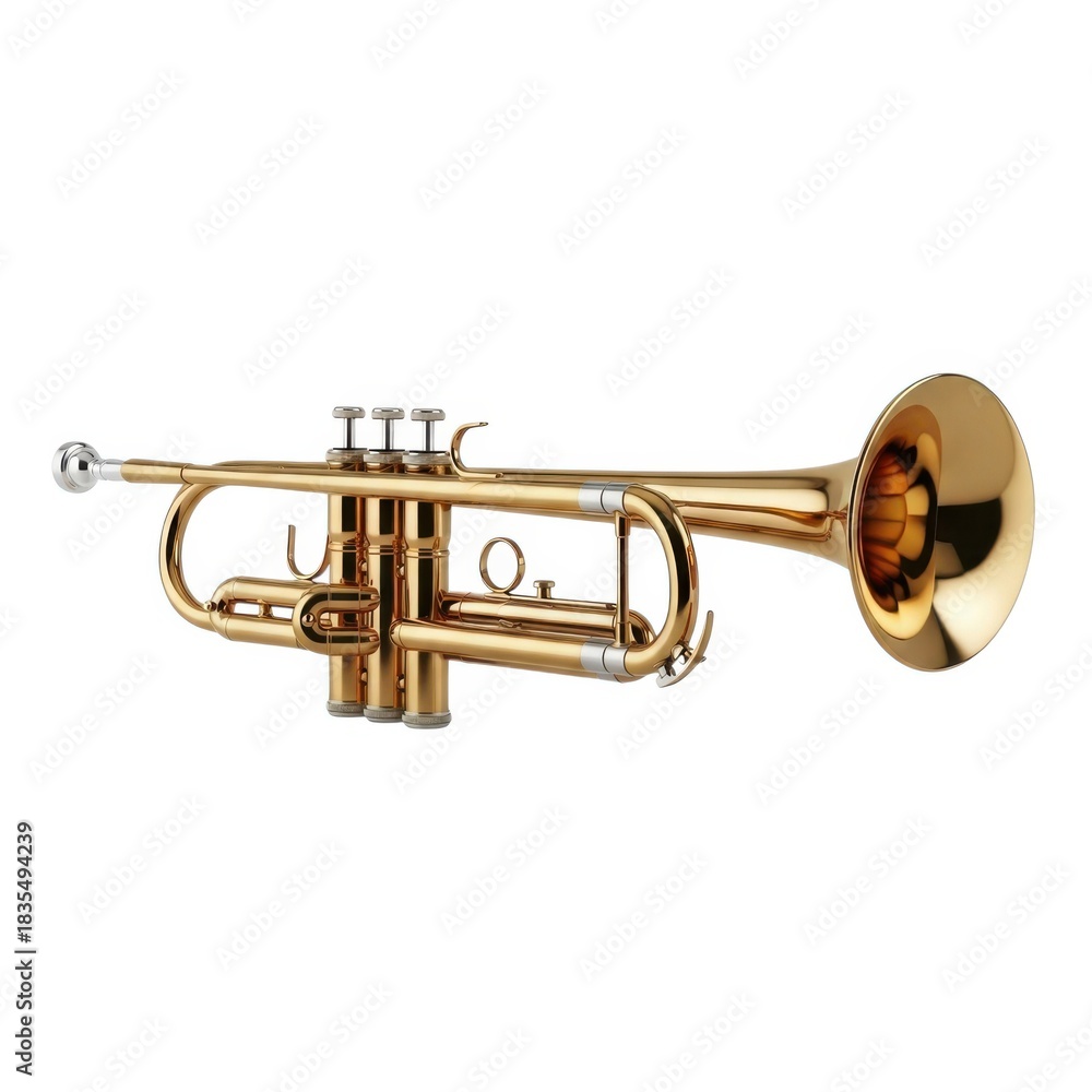 Obraz premium A gleaming brass trumpet with intricate valves and bell isolated on white background