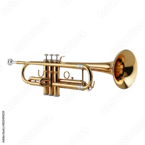 A gleaming brass trumpet with intricate valves and bell isolated on white background