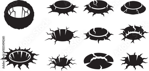 Vector collection of destroyed ground holes with sharp edges and cracks