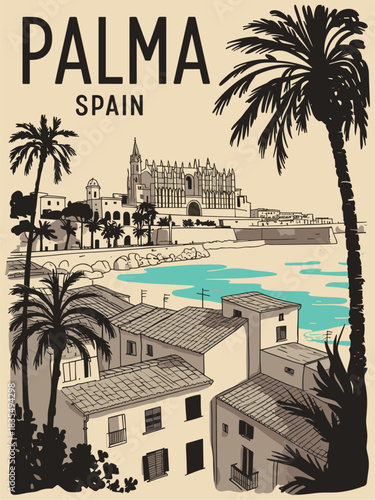 Black-and-white travel poster of Palma with cathedral, harbor, palm trees, and turquoise sea accents, evoking nostalgic Mediterranean charm