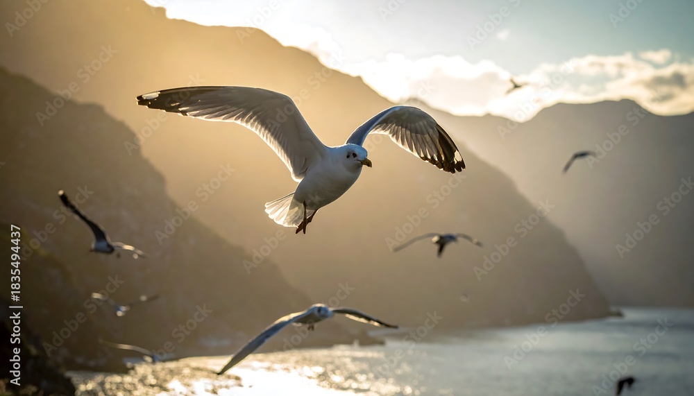 Naklejka premium Seagulls soar over a golden landscape
