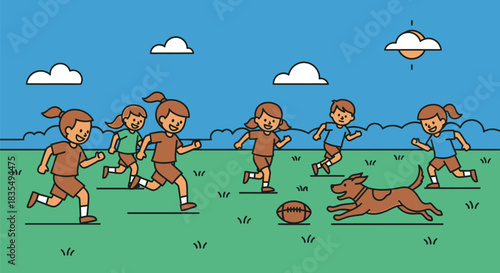 Cartoon vector illustration of a children's football player drawing fun summer sport in the park with friends