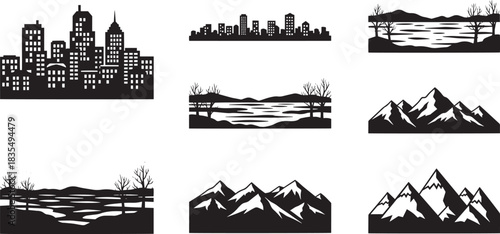 Different city skylines and nature silhouettes for landscape background usage