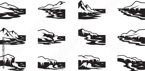 Seaside water cliff silhouettes for landscape design and nature illustration