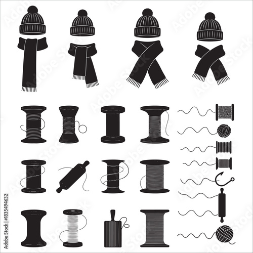 Winter accessories and sewing supplies icons set knitting silhouette vector