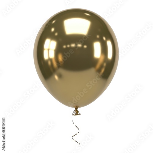 A single shiny golden balloon with a ribbon isolated on white background