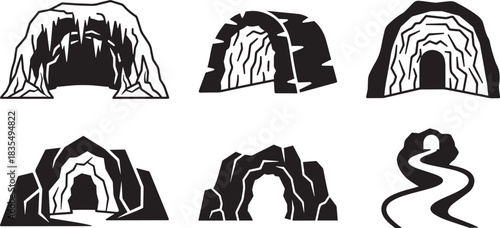 Set of vector monochrome cave entrances isolated on transparent background