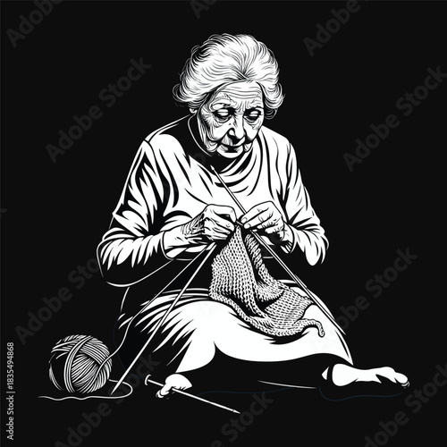 Elderly woman knitting with yarn and needles on a dark background silhouette vector