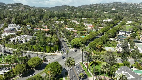 Beverly Hills Aerial Shot of Sunset Blvd and Beverly Dr Intersection Orbit R California USA
