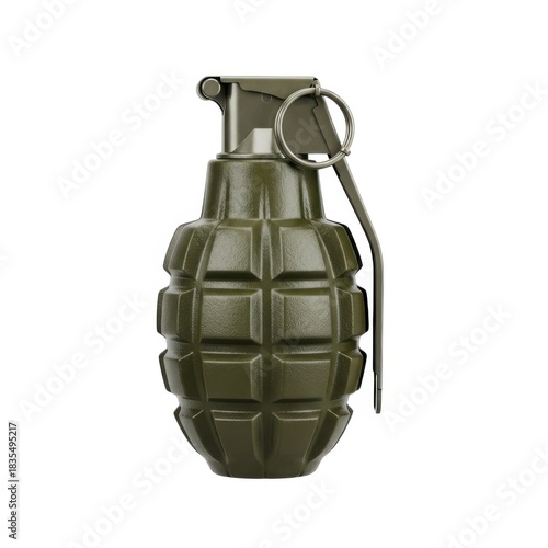 A detailed military fragmentation hand grenade isolated on white background