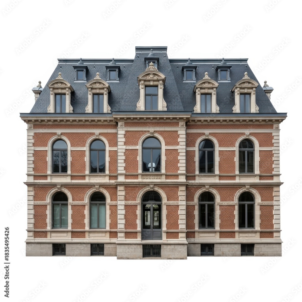 Fototapeta premium Elegant european mansion with ornate facade isolated on white background
