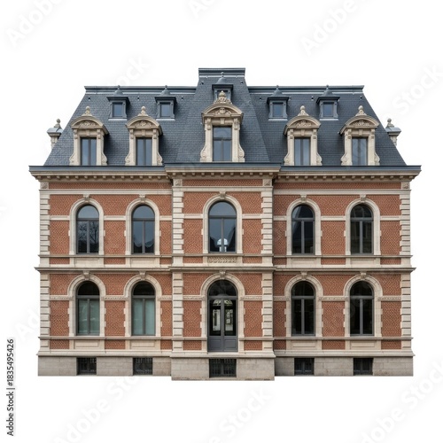 Elegant european mansion with ornate facade isolated on white background