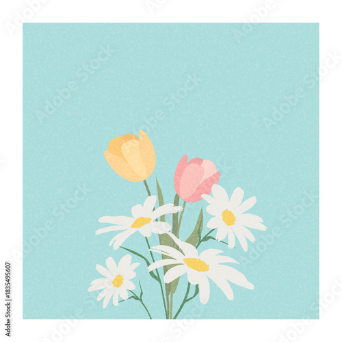 Textured retro style, vector illustration depicting a bouquet of daisies and tulips, spring flower arrangement on a blue background