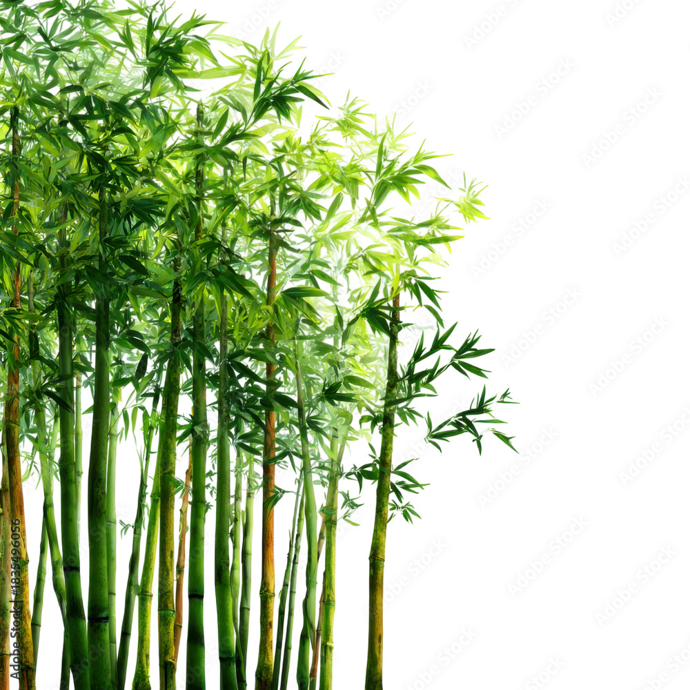 Fototapeta premium Bamboo Forest in Sunlight: Towering bamboo stalks create a vibrant spectacle against the backdrop of radiant light, evoking a sense of tranquility.