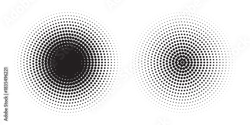 Set of dotted circles with halftone effect. Collection of round shapes with polka dot print isolated on white background. Simple circular design elements. Vector graphic illustration.