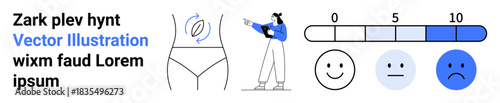 Woman pointing at body diagram, circular mark, metric scale with happy, neutral, sad faces. Ideal for health, emotion tracking, data analysis, fitness surveys feedback simple landing page