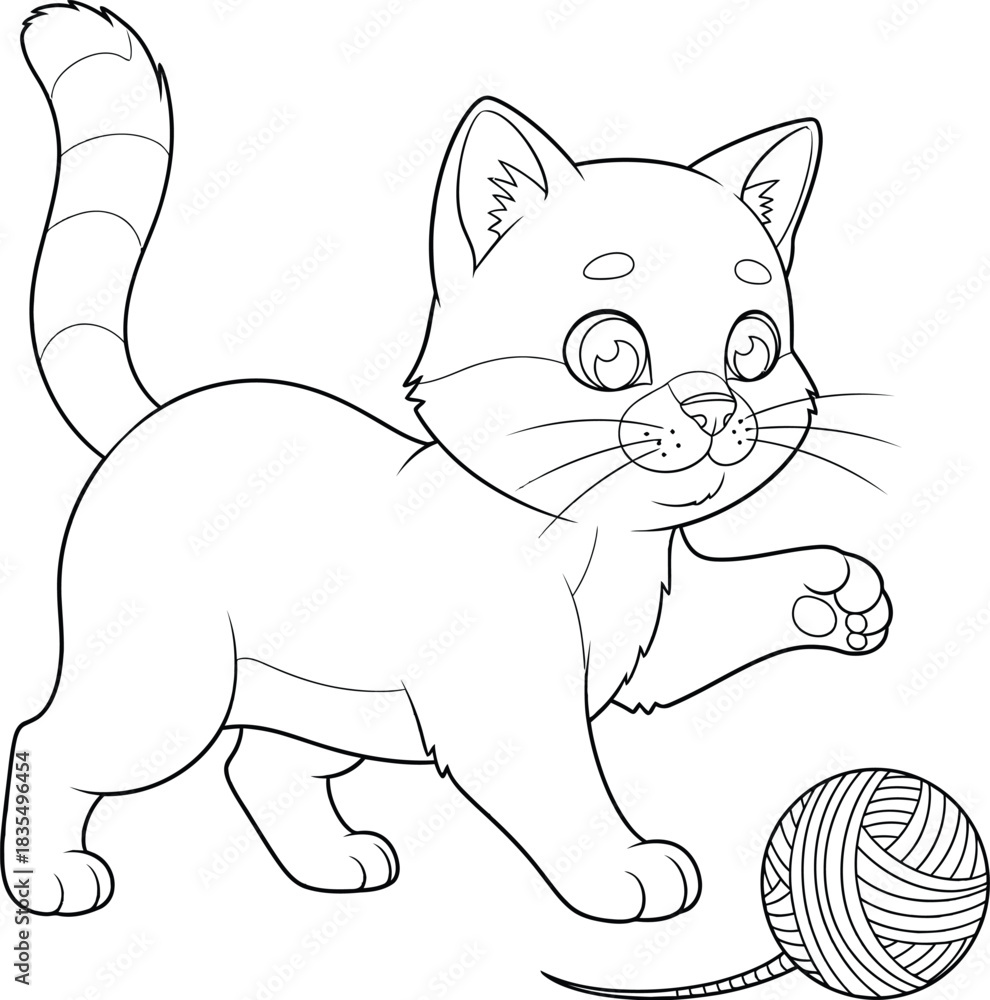 Naklejka premium Cute Cartoon Kitten Playing with Yarn Ball – Adorable Cat Line Art Illustration for Coloring Pages, Kids Activities, and Creative Design Projects 