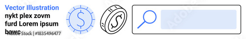 Financial planning, online payments, currency transactions, money search, e-commerce, budgeting. Dollar sign, coins magnifying glass and search bar. Financial planning and online payments concept