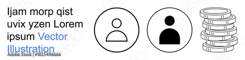Online identity, user profile navigation, financial management, security systems, digital economy, app interfaces. Two user icons and a stack of coins. Online identity and financial management