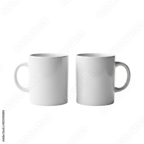 Two plain white ceramic mugs side by side isolated on white background