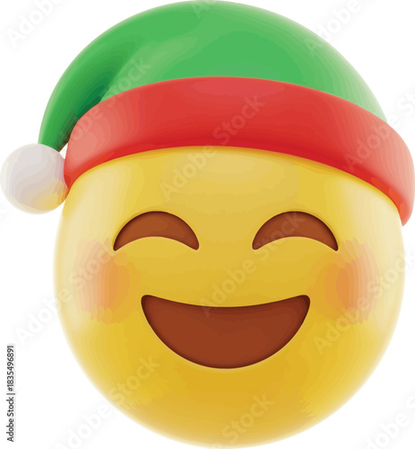 A cheerful yellow emoji wearing a green elf hat with red band and white pom-pom, smiling with rosy cheeks on a white background