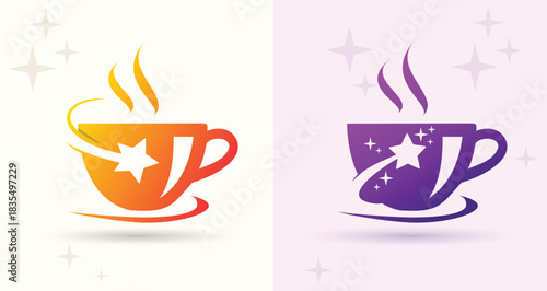 Coffee cup star swoosh logo cafe beverage drink barista hot steam brand icon

