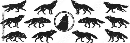 Black Silhouette Vector Collection of Howling and Walking Wolves in Various Dynamic Poses, Isolated Wild Animal Icons for Wilderness Graphics and Flat Design